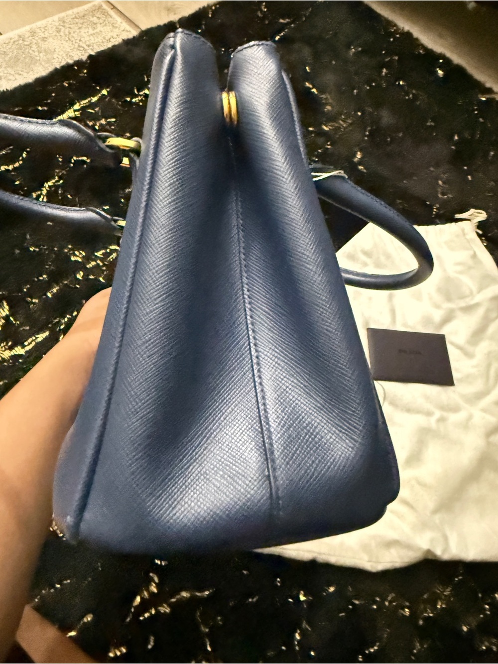 Prada Navy Saffiano Leather Double-Handle Satchel with Gold Hardware - Picture 9 of 16